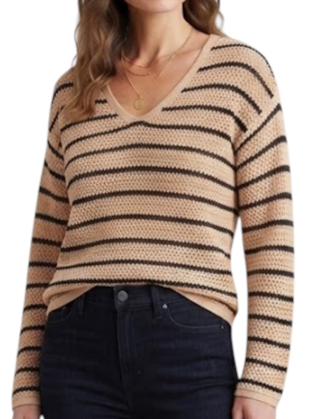 OLD NAVY Preppy Beige & Black Striped Crochet Open-Knit V-Neck Sweater Small